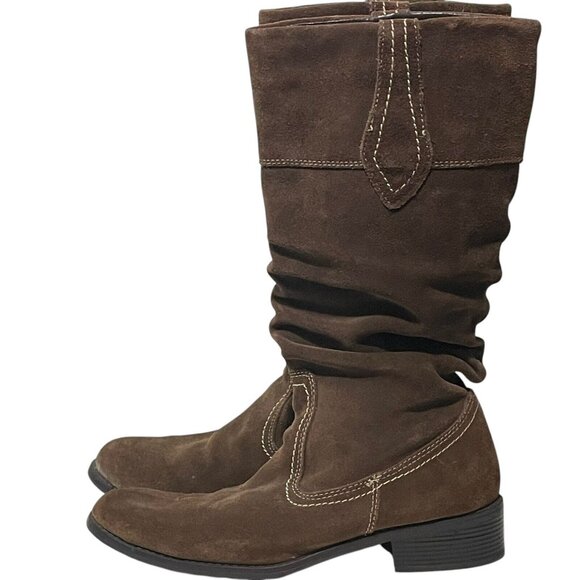 Merona Womens Size 9  Brown Suede Leather Boots Gathered Slouchy Western Pull On - Picture 2 of 12